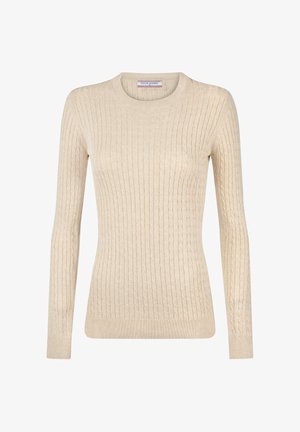 Pull beige en maille torsadée à manches longues avec encolure ronde et poignets et ourlet côtelés, étiquette Felix Hardy, taille moyenne.