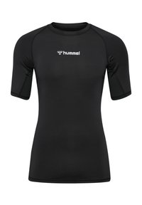 Svart kortärmad sporttröja av slät tyg, med rund halsringning, åtsittande design och en liten vit logotyp på bröstet.