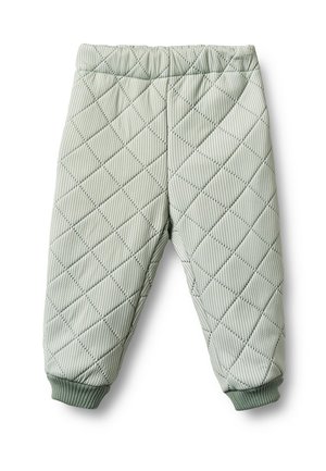Gesteppte hellgrüne Babyhose mit Diamantsteppung und gerippten Bündchen auf weißem Hintergrund.