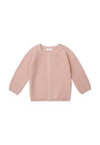 Lichtroze gebreide cardigan met lange mouwen, ronde hals en knoopsluiting aan de voorkant. Heeft een subtiele logodetail op de linkerborst.