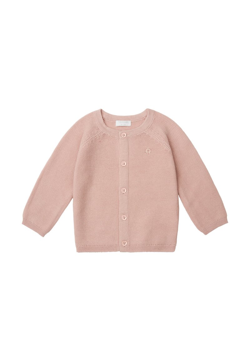 Lichtroze gebreide cardigan met lange mouwen, ronde hals en knoopsluiting aan de voorkant. Heeft een subtiele logodetail op de linkerborst.