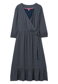 Robe portefeuille bleu marine à pois blancs, manches longues, taille élastique, nouée sur le côté et ourlet volanté.