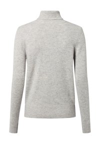 Jasnoszary sweter z wysokim kołnierzem, wykonany z miękkiego materiału dzianinowego. Posiada prążkowane mankiety i dolny brzeg, o gładkiej, lekko teksturowanej powierzchni.