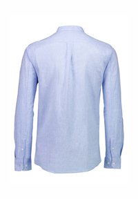 Lichtblauw overhemd met lange mouwen, gemaakt van linnen, met een knopsluiting kraag, knoopmanchetten, een rugplooi en een gebogen zoom.