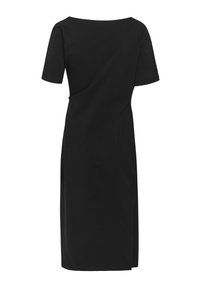 Black fitted dress with short sleeves, a boat neckline, a smooth texture, and side slits extending from the hem.