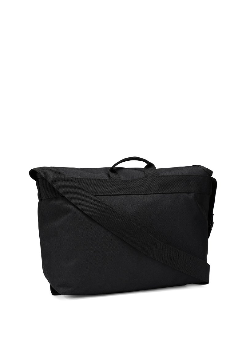 Sacoche messager noire en tissu texturé, équipée d'une poignée supérieure, d'une bandoulière réglable et d'un design minimaliste sans logo visible.