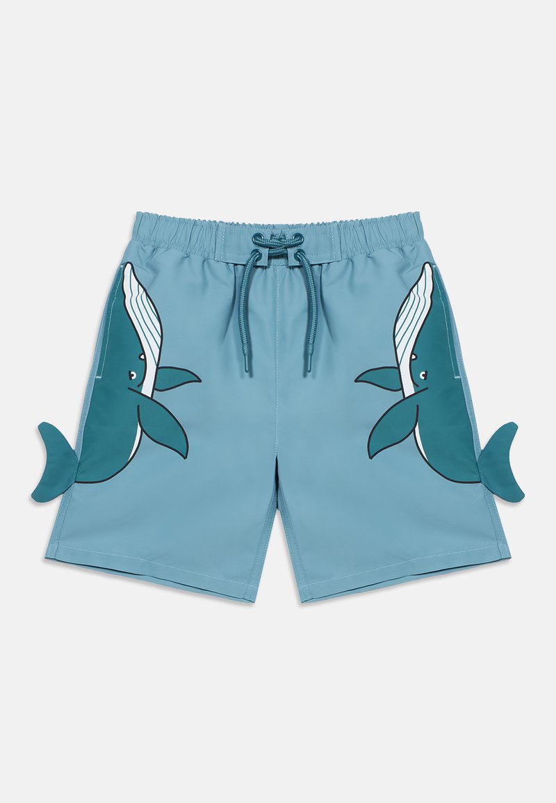 Μπλε μαγιό σορτς με σχέδιο φάλαινας, διαθέτει κορδόνι στη μέση και διακοσμητικές λεπτομέρειες ουράς στις πλευρές. Λείο, ελαφρύ ύφασμα.