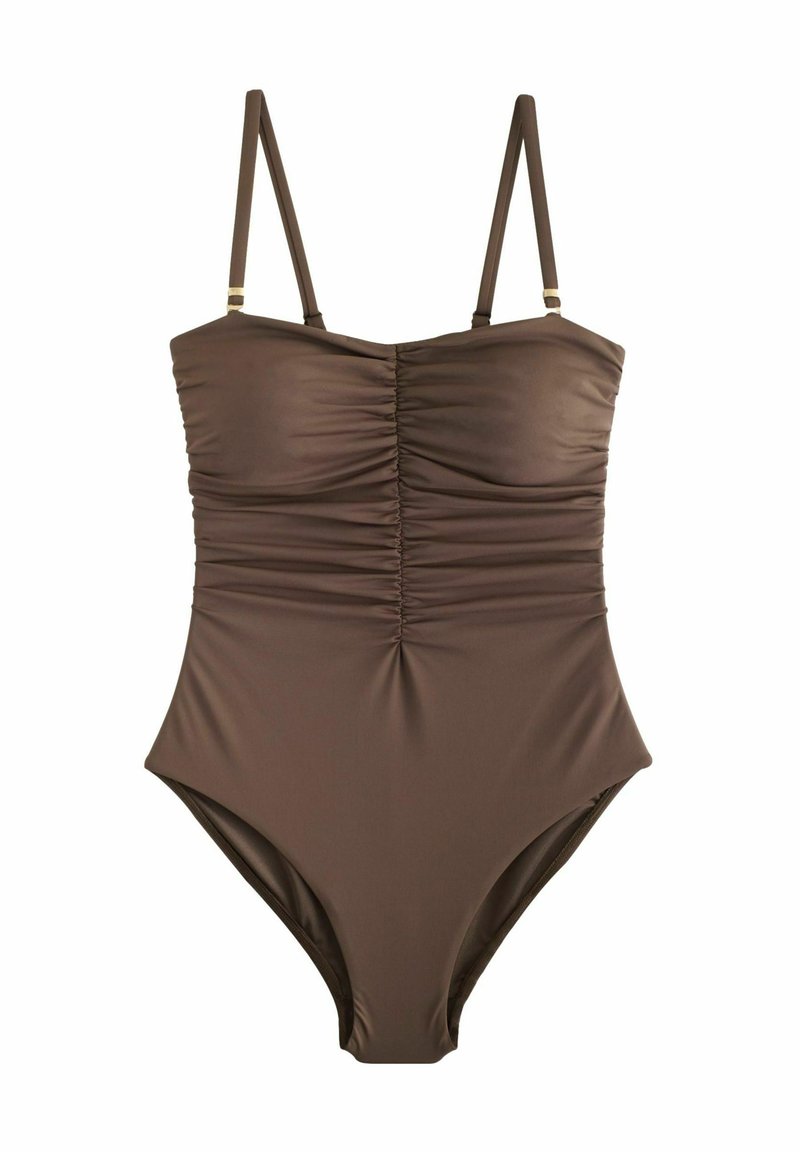 Braunes Einteiliger Badeanzug mit gerafftem Vorderteil, dünnen verstellbaren Trägern und hochgeschnittenem Bein Design. Glatte Textur, hergestellt aus elastischem Material.