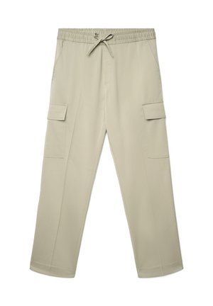 Beige Cargohosen mit elastischem Bund und Kordelzug, ausgestattet mit zwei Seitentaschen und zwei großen Cargotaschen an den Oberschenkeln.