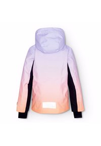 Damesjas met een ombre-gradient van lavendel naar perzik, met een capuchon, zwarte zijpanelen en een rechthoekig label op de achterkant.