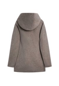 Cappotto di lana marrone con cappuccio, caratterizzato da una finitura strutturata, vestibilità ampia e maniche lunghe. Design senza cuciture con chiusure invisibili.