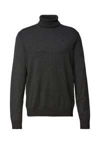 Suéter de cuello alto de color gris oscuro hecho de una tela de punto texturizada. Cuenta con mangas largas y un cuello ajustado. Diseño simple sin patrones ni acentos.