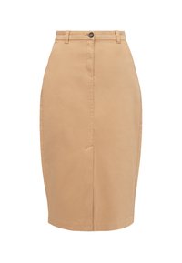 Beige kokerrok met een getailleerd ontwerp, knoopsluiting, schuine zakken aan de voorkant en een lengte tot de knieën. Gemaakt van gladde katoenen stof.