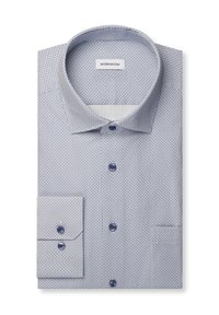 Chemise habillée pour homme bleu clair avec petit motif géométrique foncé, col italien et boutons bleu foncé, soigneusement pliée.