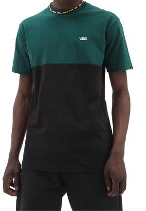 Koszulka z krótkim rękawem w kolorze morskim na górze i czarnym u dołu, wykonana z bawełny, z logo Vans na piersi.