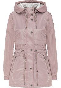 Jasnoróżowa wodoodporna kurtka z kapturem, taliowana w pasie, ze srebrnymi akcentami, elastycznymi mankietami i przednimi kieszeniami zapinanymi na zamek. Gładkie wykończenie.