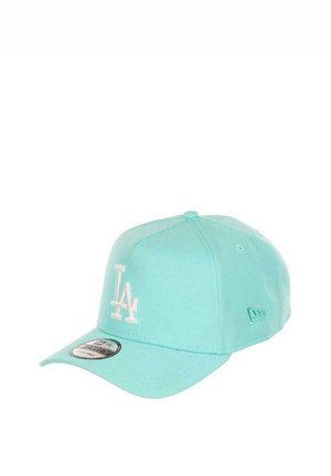 Turquoise baseball cap with white "LA" logo embroidered on front and adjustable strap, displayed on white background.