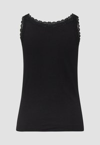 Schwarzes Tanktop aus leichtem Stoff, mit Spitzenbesatz entlang des Ausschnitts und der Armausschnitte, in taillierter Form.