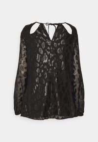 Blusa nera trasparente con maniche lunghe, stampa leopardata metallica, scollatura a occhio di bue e chiusura a fiocco sul retro.