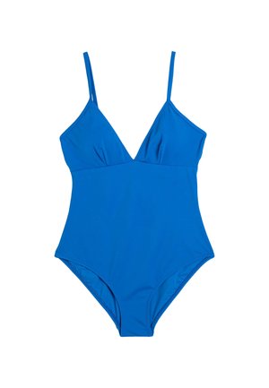 Maillot de bain une pièce bleu avec un décolleté en V profond, des bretelles ajustables et une texture lisse. Pas de motifs ni de quincaillerie visibles.
