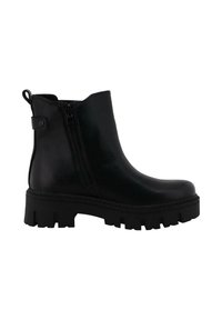 Botas de cuero negro hasta el tobillo con cremallera lateral, suela de goma gruesa y lengüeta en la parte posterior para facilitar el calzado. Textura suave con detalles mínimos.