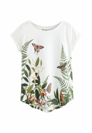 Tricou alb cu mânecă scurtă, având imprimeuri colorate cu plante botanice și fluturi. Material din bumbac moale, cu decolteu rotund și tiv curbat.