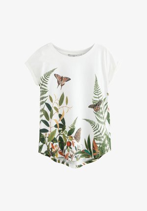 Tricou alb cu mânecă scurtă, având imprimeuri colorate cu plante botanice și fluturi. Material din bumbac moale, cu decolteu rotund și tiv curbat.