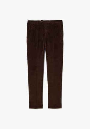Pantalones de pana marrón con corte recto, con cierre de botón, trabillas para cinturón y dos bolsillos delanteros. Textura suave con patrón acanalado.