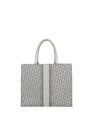 Borsa a mano beige con motivo monogramma grigio ripetuto, doppi manici superiori e una striscia verticale centrale con dettaglio del nome del marchio.