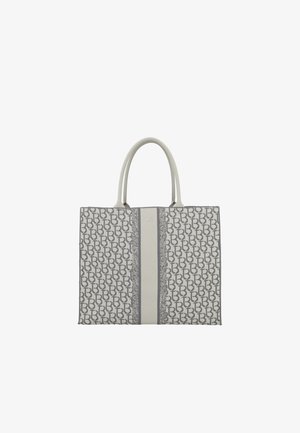 Borsa a mano beige con motivo monogramma grigio ripetuto, doppi manici superiori e una striscia verticale centrale con dettaglio del nome del marchio.