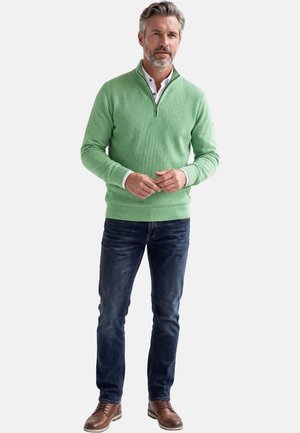 Middle-aged man with gray hair and beard wearing a light green quarter-zip sweater, white shirt, dark jeans, and brown shoes, standing relaxed.