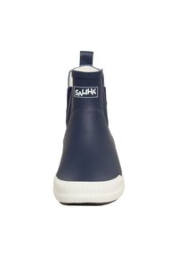 Navy waterproof ankle boots with white rubber sole, featuring elastic side panels and a logo on the front for easy wear and removal.