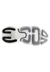 Suola della scarpa in bianco e nero, con una superficie strutturata e scanalature a motivo per trazione e supporto. Design curvo con flessibilità moderata.