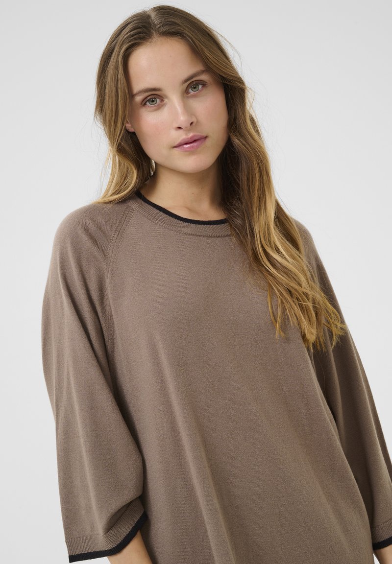 Brauner oversized Pullover aus weichem Material, mit Rundhalsausschnitt und schwarzem Besatz an den Ärmeln, mit glatter Textur und schlichter Optik.