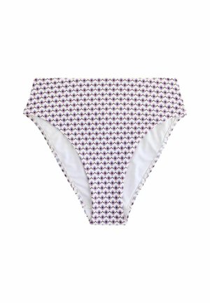Dół od bikini z wysokim stanem z powtarzającym się geometrycznym wzorem w odcieniach fioletu, bieli i brązu na gładkiej tkaninie.