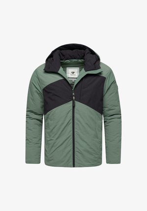 Leichte Jacke mit einem Design in grün-schwarzer Blockoptik, mit Reißverschluss vorne, Kapuze und strukturiertem Stoff. Geeignet für Freizeitkleidung.