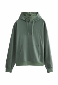 Zelená mikina s kapucí vyrobená z měkké bavlněné směsi. Má klokanku, vroubkované manžety a volný střih. Discretní logo detail na hrudi.