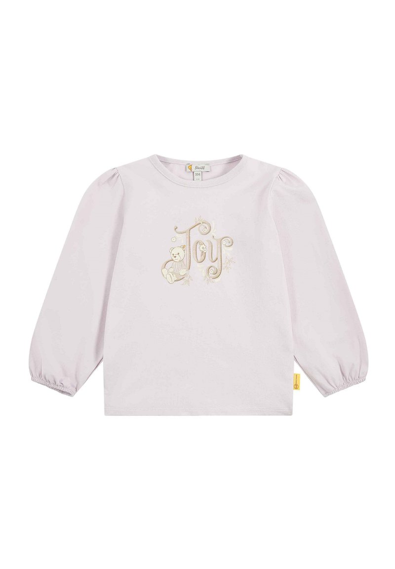 Helles rosa Langarmshirt mit dem Wort "Joy" in gestickten goldenen Buchstaben, einer Bärenillustration und gerafften Ärmeln.