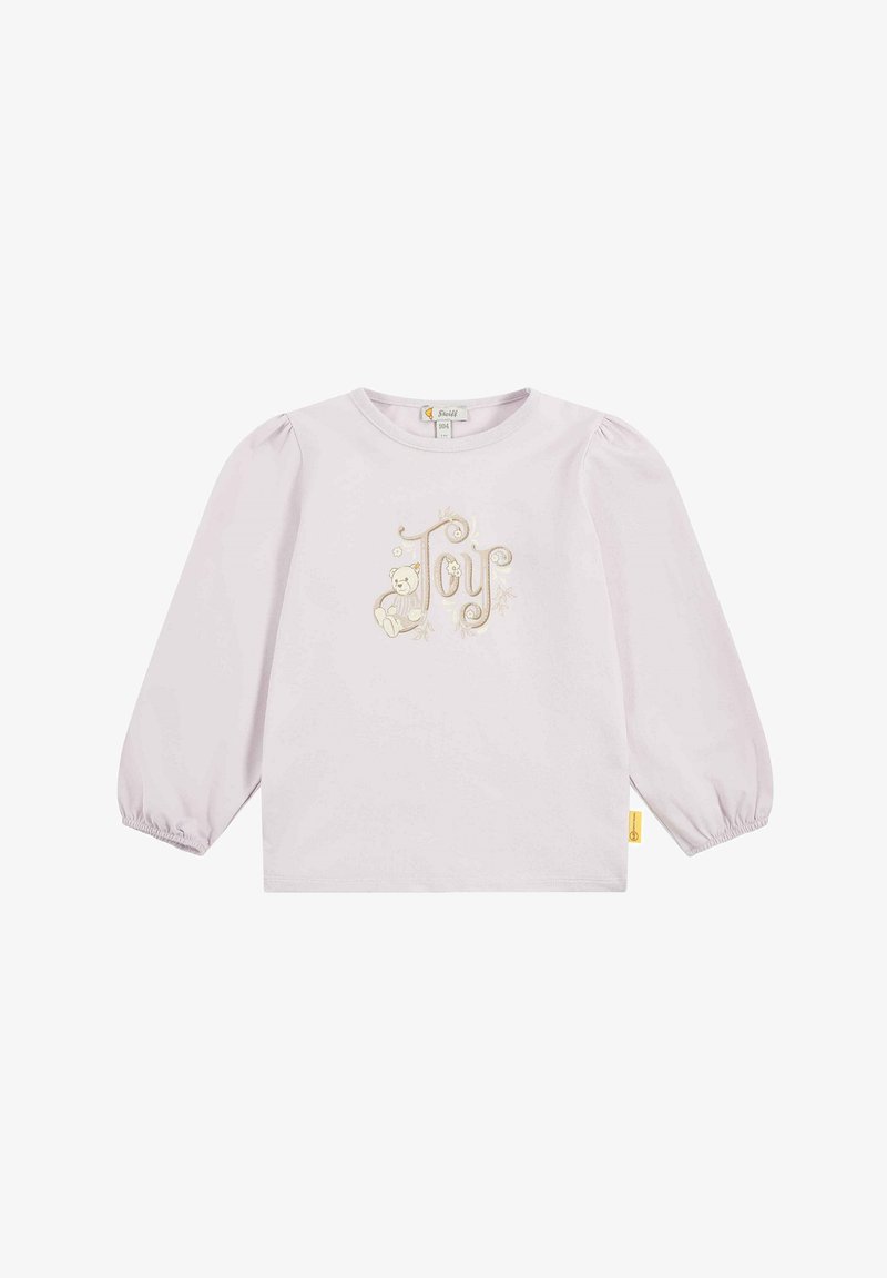 Helles rosa Langarmshirt mit dem Wort "Joy" in gestickten goldenen Buchstaben, einer Bärenillustration und gerafften Ärmeln.