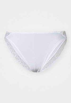 Bela bikinka z gladkim materialom in čipkastim obrobkom ob straneh, okrašena s cvetličnim vzorcem. Elastičen pas za udobje.