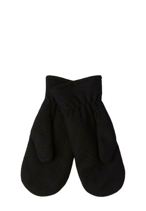 Sort handsker lavet af blødt stof, med et afrundet design og en samlet håndledsdel for en sikker pasform. Ingen synlige mønstre eller hardware.