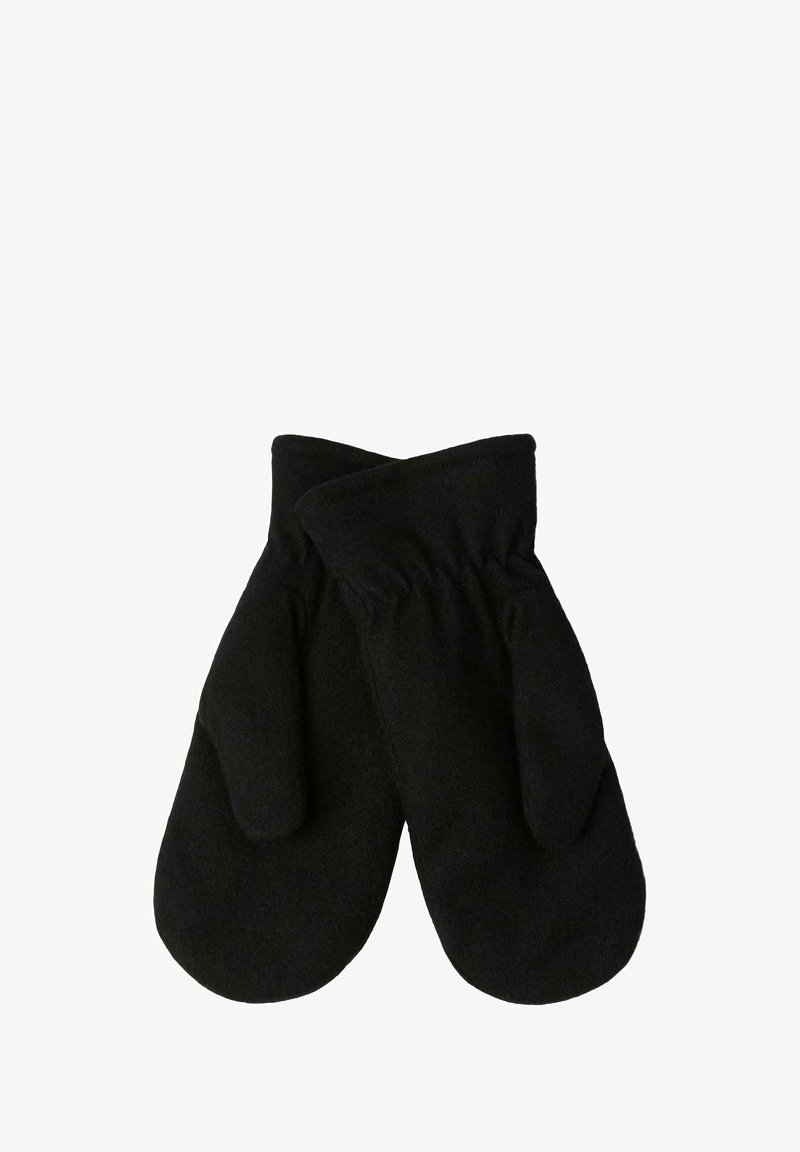 Des moufles noires en tissu doux, avec un design arrondi et un poignet froncé pour un ajustement sécurisé. Pas de motifs ou de matériel visible.