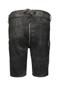 Svarta lädershorts med en smidig textur, med resårmidja, sidoficka och kontrasterande sömnadsdetaljer.