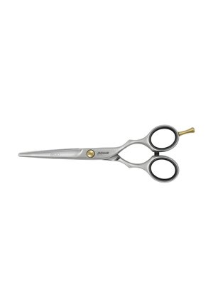 Professionelle Friseurschere aus Silber mit ergonomischem Griff, schwarzen Fingerlingen sowie goldfarbenem Spannschraube und Fingerauflage.