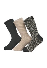 Tre paia di calzini: solidi neri, beige con texture a strisce e grigio scuro con motivo leopardato. Tutti sono di lunghezza media fino al polpaccio.