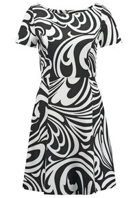 Robe noire et blanche à manches courtes avec motif abstrait tourbillonnant, taille cintrée et jupe évasée.