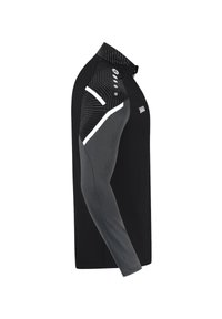 Sportieve langmouwshirt in zwart met grijze accenten. Heeft een gestructureerde, patroonachtige schouder, witte strepen en een hoge kraag.