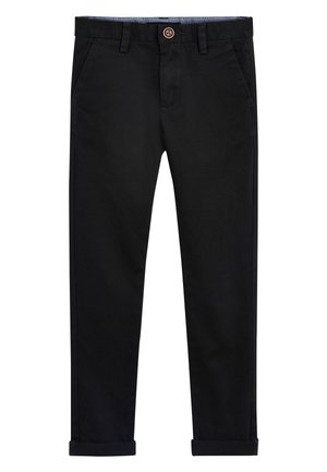 Pantalon noir droit avec bouton et fermeture éclair, poches avant, passants de ceinture et revers roulés.