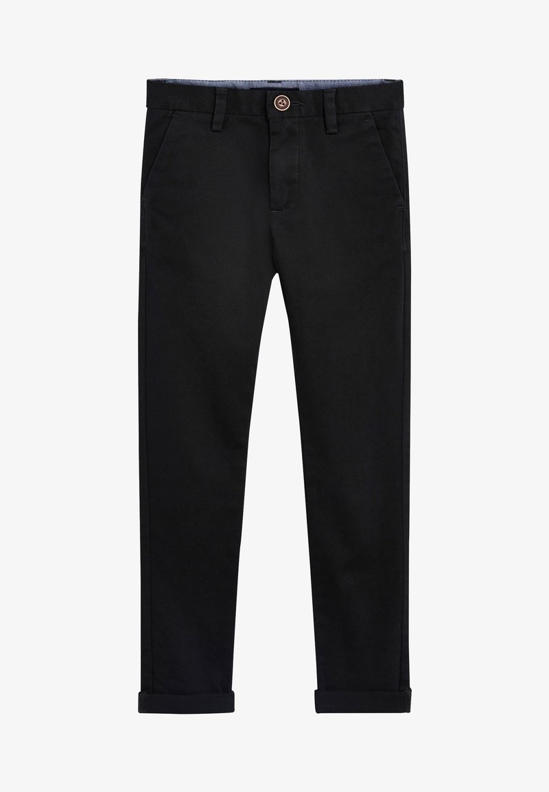 Pantalon noir droit avec bouton et fermeture éclair, poches avant, passants de ceinture et revers roulés.