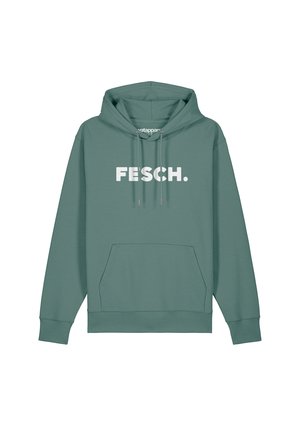 Grüne Kapuzenjacke aus Baumwolle, mit Kängurutasche, Zugband und dem Wort "FESCH." in Weiß auf der Vorderseite bedruckt.